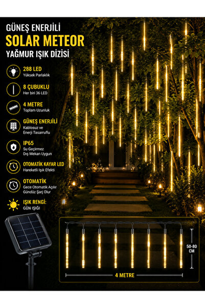 SARFEX Güneş Enerjili Meteor Kayan Led Tüpleri Sarı Işık 8 Tüp Solar 288 Led ...