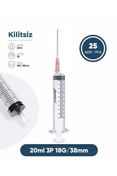 Genject 20 ml. , 3 Parçalı , 18G (1.27mm.), 38mm,Pembe İğneli Şırınga, Enjekt...