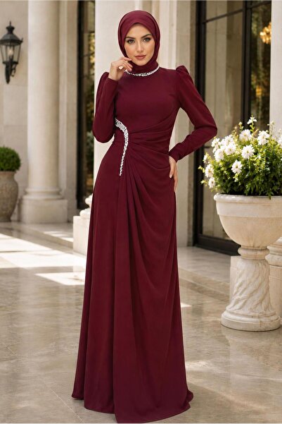 TRENDTESETTÜR KADIN BORDO DRAPE DETAYLI ABİYE ELBİSE T 5563