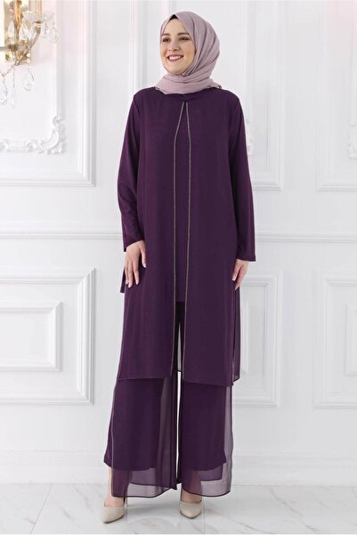 TRENDTESETTÜR KADIN Mürdüm BÜYÜK BEDEN PANTOLONLU ABİYE TAKIM T 0131
