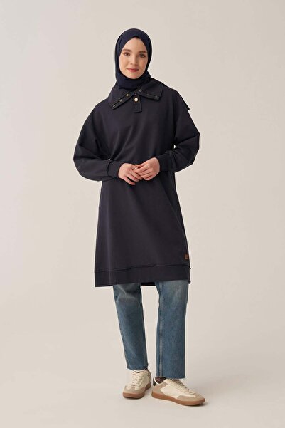 ALLDAY Navy Blue-Cotton Tunic with Dirty Stitched Collar