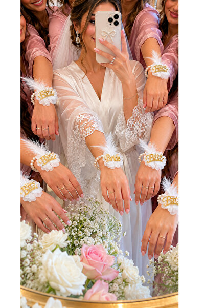 Happyland Gold (Altın) Renk Beyaz Tüylü İncili Bride ve Team Bride Bileklik S...