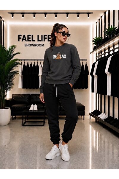 FAEL LİFE Unisex Wide Cut Zero Neck and Sweatpants Relax Printed Set