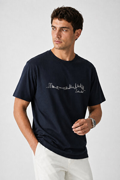 TREND EMMODA Men's Linear Istanbul Silhouette Printed Round Neck Navy Blue Ca...