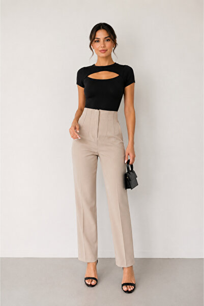 FERHEL Pantaloni de damă din material textil model Pensli - Stone