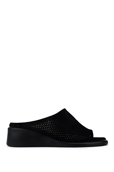 Tamer Tanca Women's Genuine Leather Black Suede Heeled Slippers