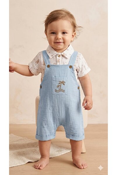 Bebezade Baby Boy Muslin Salopet Set 2 Pieces 100% Cotton Palm Embroidered 2-...