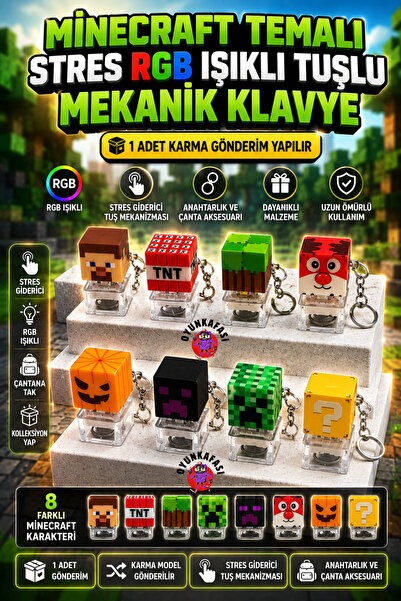 OYUNKAFASI Minecraft Anahtarlık RGB Işıklı Stres Oyuncağı Basmalı Tuşlu Anaht...