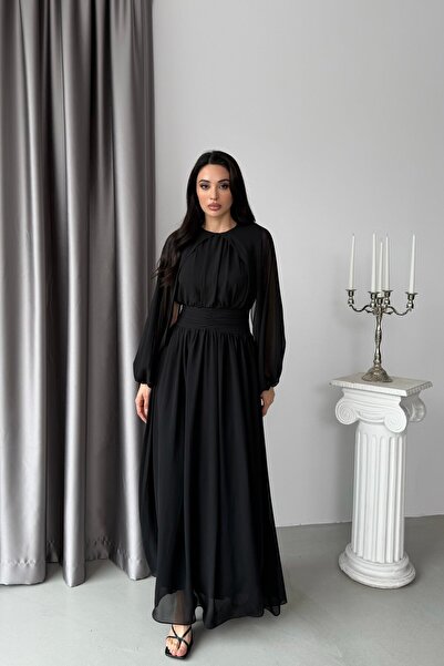 Serica Moda Rochie lungă neagră, cu detaliu în talie, mâneci din tul și căptu...