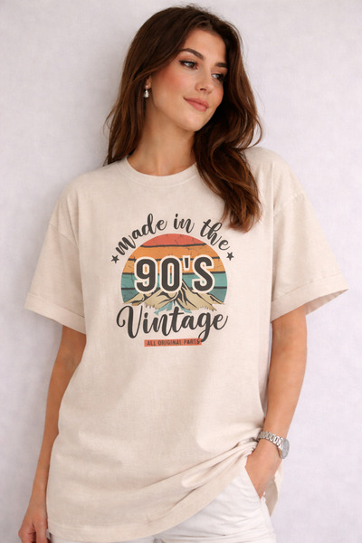SANTAMİLA Beige 90's Printed Oversize Tshirt