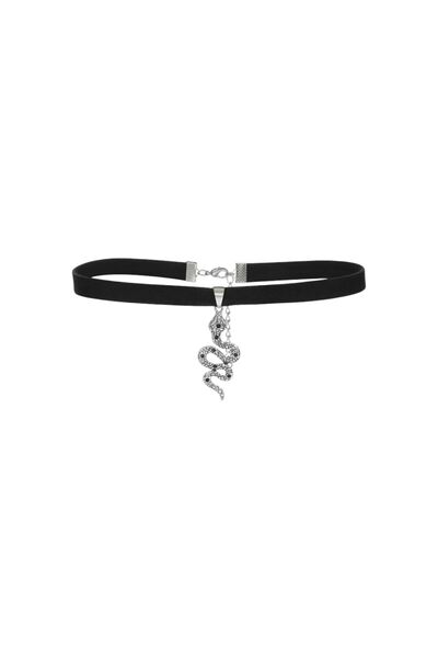OEM Colier choker din piele ecologica cu medalion sarpe, argintiu