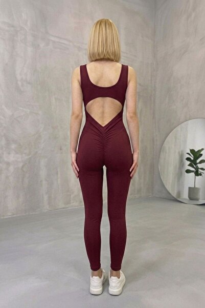 Moda Gülsa Kadın Bel Dekolteli Kalçası Büzgülü Scrunch Butt Spor Tayt Tulum