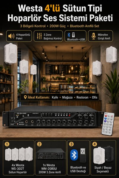 Westa 4'lü Mağaza Ses Sistemi Kafe Ses Sistemi Beyaz 200W 3 Zone Bluetooth Amfi WS-302TW - Duvar Sütun Hoparlör