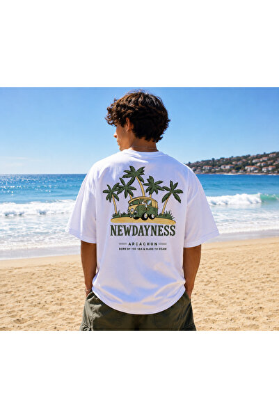 Modivibe Palm Tree and Caravan Printed Oversize Unisex White T-Shirt