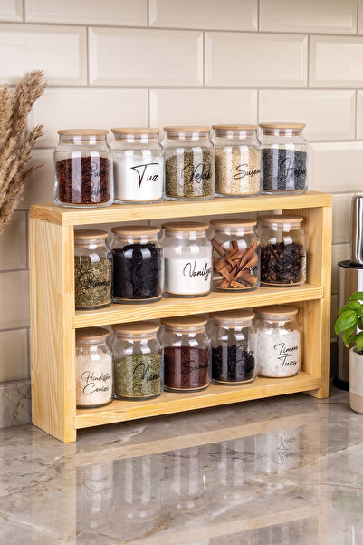 Dolkin Home 3-Tier Wooden Stand with 15 Spice Jars Set 300 ml Glass Jars with...