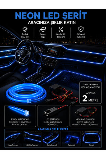 cabbaroğlu ticaret شريط إضاءة LED للسيارة، شريط LED نيون أزرق (Blue) بطول 2 متر