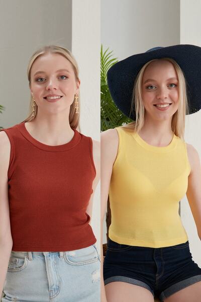 Feyece Women's Brick Yellow Halter Neck 2-Piece Crop Blouse