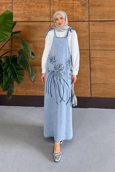 Miss Allos Women's Beaded Embroidered Denim Slopet Dress