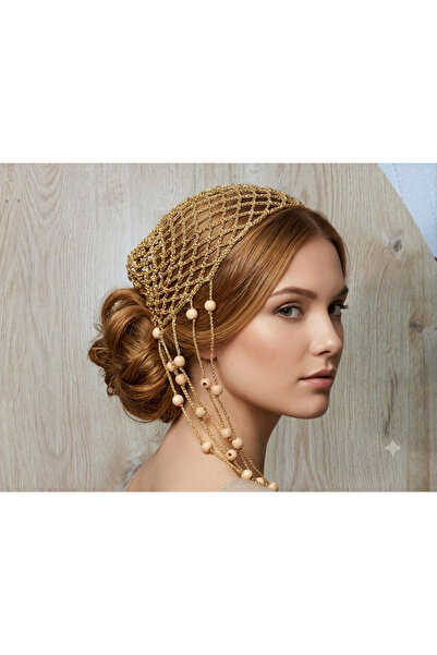 NUMİSTORE El örgüsü simli Gold rengi file bere