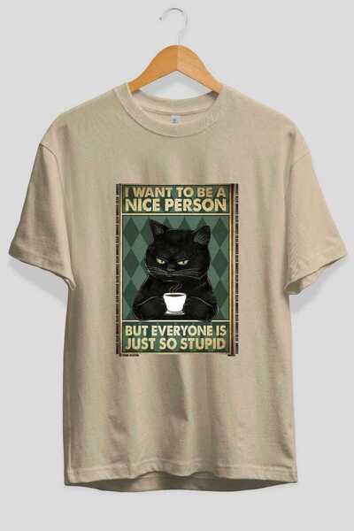 Ankhises Μπλουζάκι  "For the Love of Cats " με στάμπα γάτας, μπεζ, oversized,...