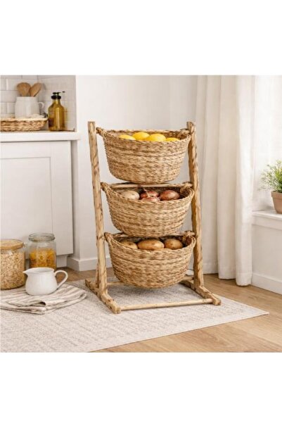 Generic Floor storage stand made of wood with three wicker baskets