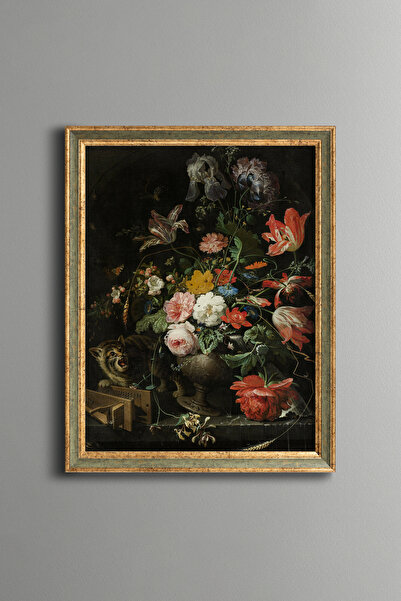 epiqart Floral Composition with Cat - Vintage Patterned Frame - Slim Model