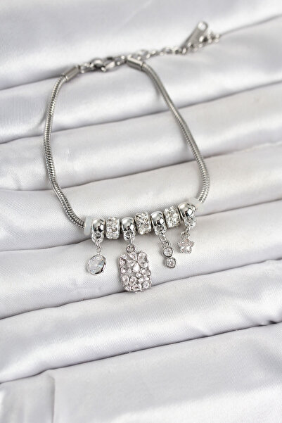 Hobibahçem Brass Silver Color Women's Bracelet with Flower Detail and Charm