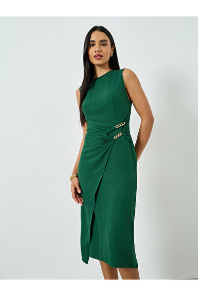 Take Two By Styli Dark Green Wrap Front Chain Detail Midi Dress
