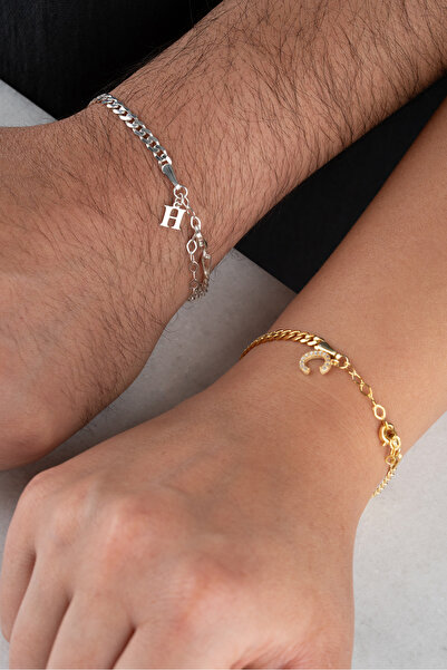 beonejewelry 925 Ayar Gümüş Kişiye Özel Gurmet Zincirli Harfli Bileklik
