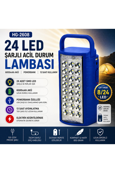 Aırstorr HG-2608 24 LED Şarjlı Acil Durum Lambası 6000mAh Akülü Powerbank Öze...