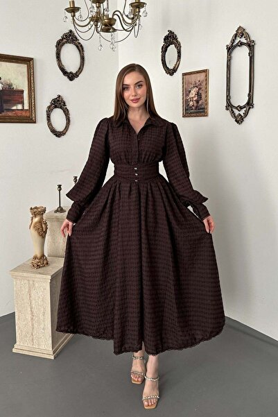 Elbee Fashion Woman Kahve Brode Kemerli Fisto Elbise