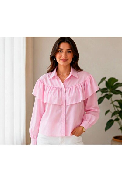 Butik Kadın Pembe Volan Detaylı Uzun Kollu Gömlek Fırfırlı Şık Ofis Gömleği