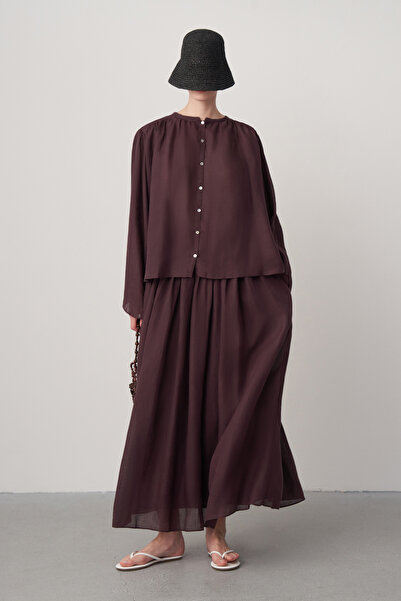 Mathilda Store Kadın Bordo Keten Gömlek Etek Takım