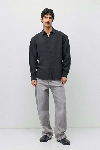 VAMOSCLO Pinstripe Modal Blend Oversize Shirt Black