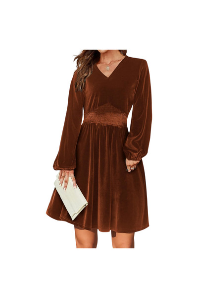 OEM Rochie Mini Pentru Femei Din Catifea, În A-line, Eleganta, De Seara, Maro, S