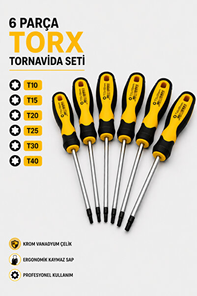 Badem10 (6 'lı Set) Mıknatıslı Tornavida Seti Düz Tork Uçlu 10 cm T10 T15 T20...