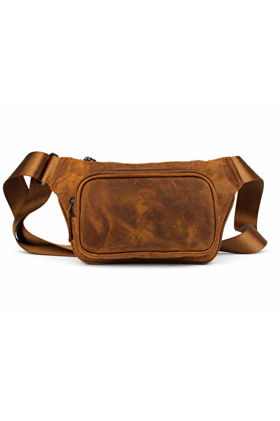 AlphaClub Bag Unisex Taba Hakiki Deri Çapraz Askılı Çok Bölmeli Omuz Ve Bel Ç...