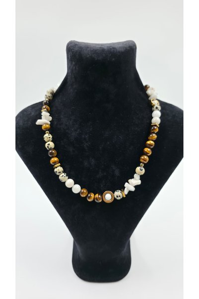 R G Handmade Design Kaplan Gözü & Aytaşı Doğal Taş Kolye – Jasper ve Hematit Detaylı