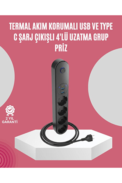 ARMÜZ Current Protected Multiple Socket with Led Switch, 4 Sockets and 3 USB ...