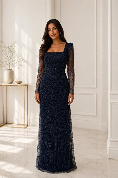 Rain and River Square Neck Beaded Plus Size Embroidered Evening Dress