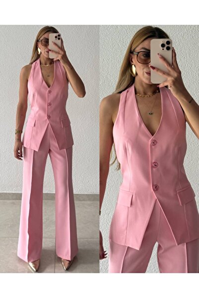 Halter Yaka Yelekli Palazzo Takım