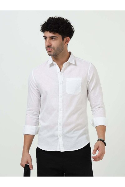 THE SOUTHZ Classic White Cotton Linen Solid Full Sleeve Shirt