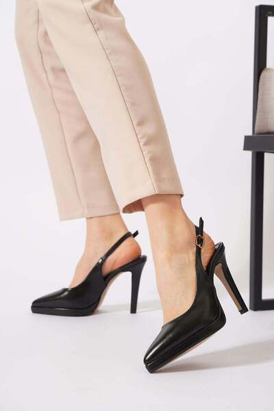 Moda Pie Artes Front Platform Back Open Women's Evening Dress Shoes Black Skin
