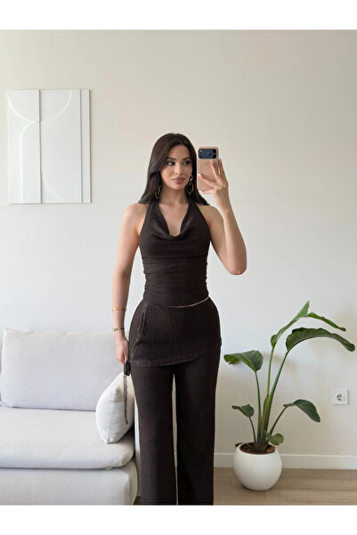 Zoom Butik Halter Yaka Şal Detay Takım- KAHVE