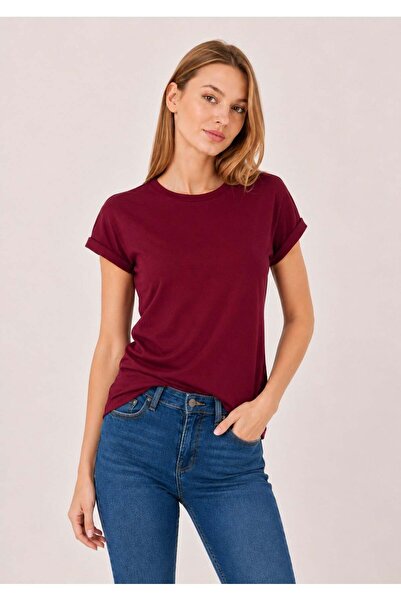 Sortie Women's Double Sleeve Crew Neck Cotton Basic T-Shirt Burgundy