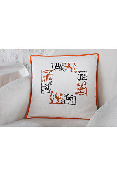 ÖDEL HOME Biyeli,Etnik Desen,Taş Baskılı Kırlent-Naturel&Kiremit (İçi Dolu)(K...