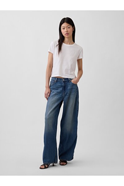 GAP Kadın Mavi Mid Rise UltraSoft Studded Baggy Jean Pantolon