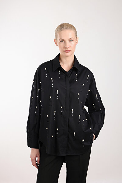 Sempre Women's Stone and Pearl Decorated Long Sleeve Shirt 2825 Black