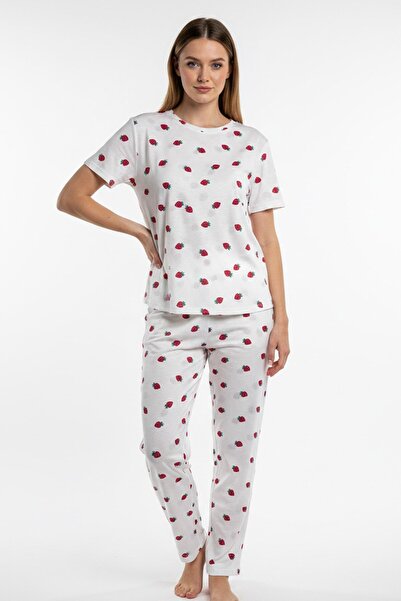 Kompedan Kadın Bisiklet Yaka Yumuşak Dokulu Çilek Desenli Kısa Kol pijama Tak...