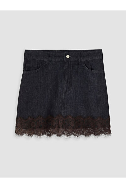 LC Waikiki Fustă mini din denim, croială slim, cu detalii din dantelă